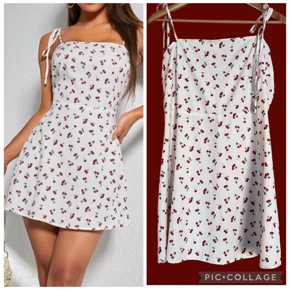 🍒🍒🍒 Cherry Print White Smocked Women’s Mini Dress 18” pit to pit 27” long Size L